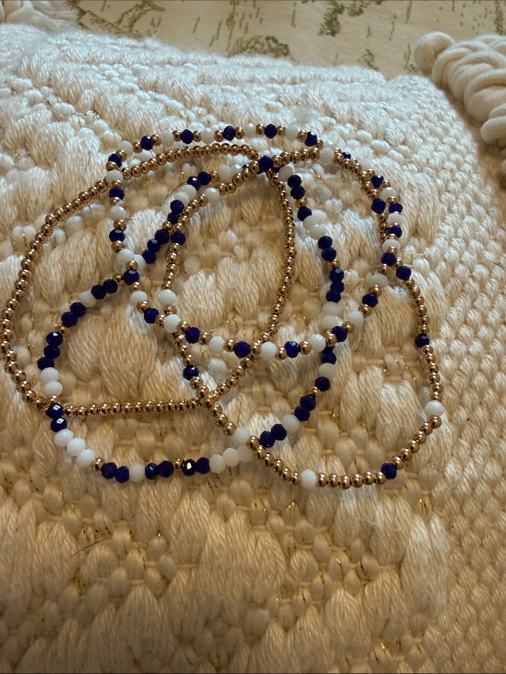 Gold Beaded Stretch Bracelet Set with Blue and White Accent Beads